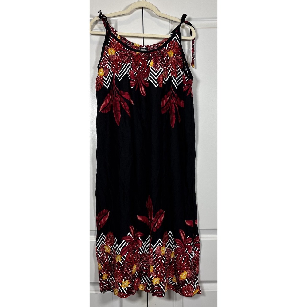 NWT Pacific Leisure Wear Womens Sleeveless Midi Dress Black Red Leaf Print L
